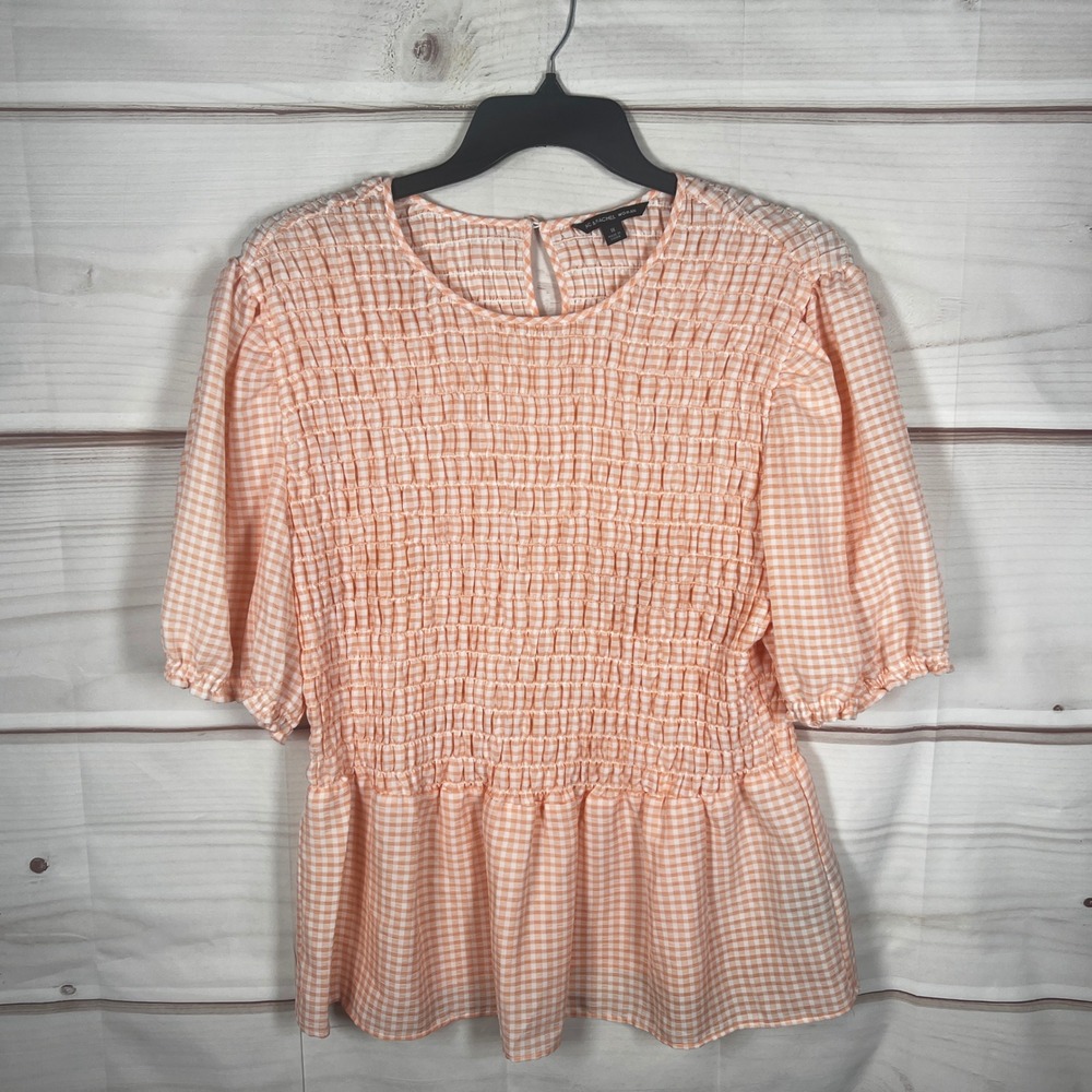 Zac & Rachel Blouse Womens 1X Orange Gingham Smocked Peplum Top Short Sleeve - Picture 1 of 9